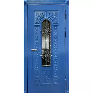 Металлическая парадная дверь с ковкой и синими МДФ панелями Металлическая парадная дверь с ковкой и синими МДФ панелями
