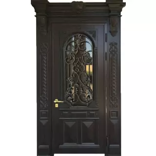 Уличная парадная дверь со стеклом и ковкой